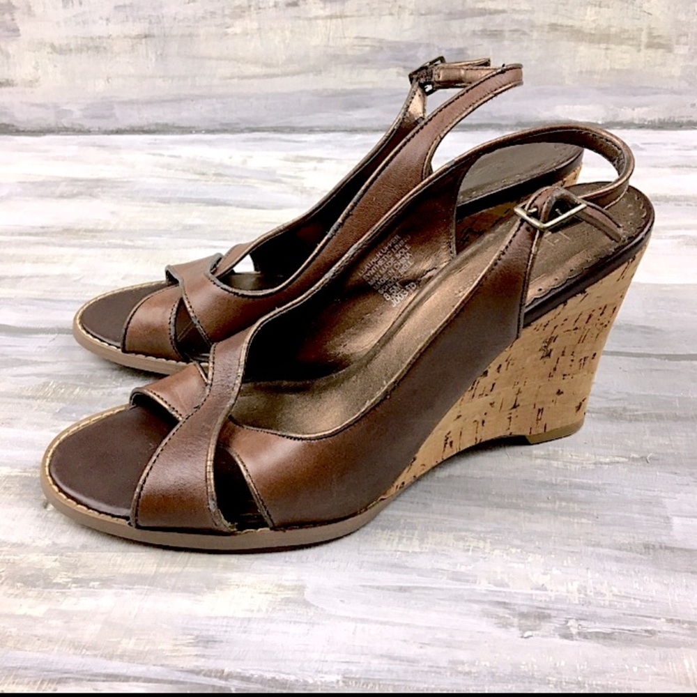 Tribeca by Kenneth Cole Brown Leather Wedge Sandal Bronze SchoolBell Cork Wedge